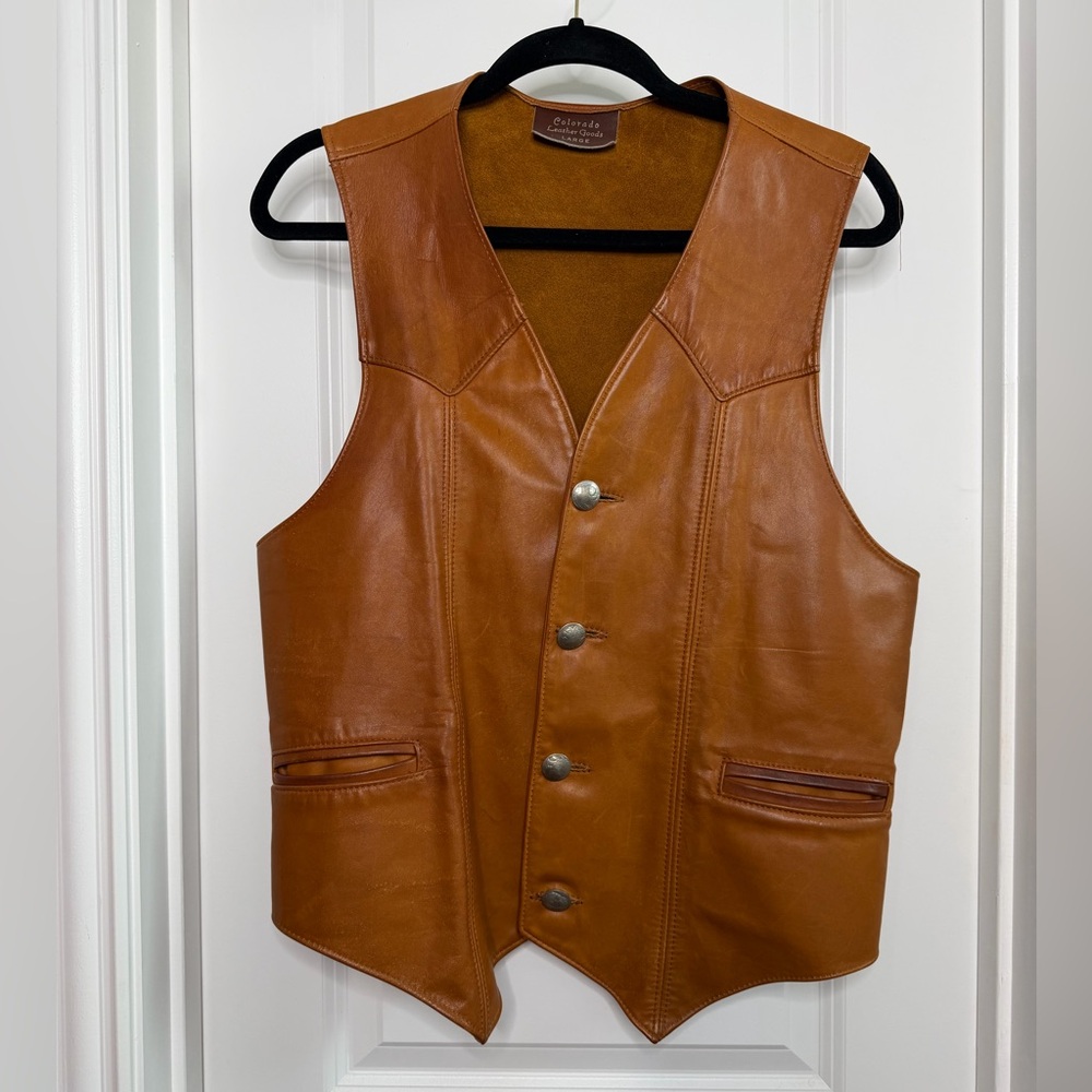 Unisex Brown Cognac Vintage Colorado Leather Goods Vest Size Large